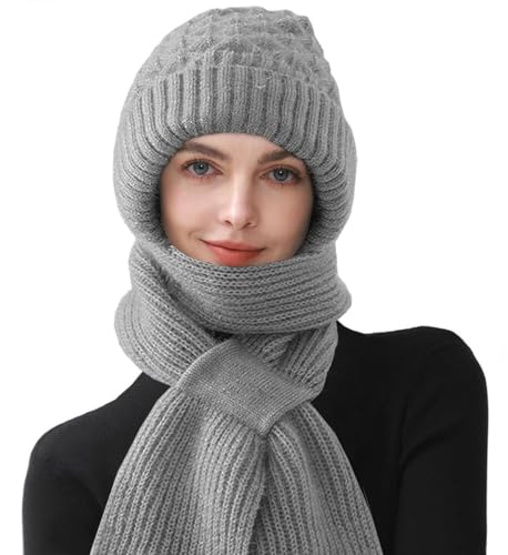 Yutdeng Gorro Bufanda Integrada Bufanda con Gorro 2 en 1 Conjunto Bufanda con Capucha Gorro con Protección para los Oídos Integrado Gorro de Punto a Prueba de Viento Gorro Invierno Mujer Grueso Cálido