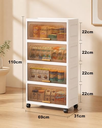 Image of KRISHYAM Modular Plastic Storage Cabinet with Translucent Doors & Wheels | Multi-Tier Clothes & Utility Organizer | Dustproof Freestanding Wardrobe (4 Layer - 4 Door (White))