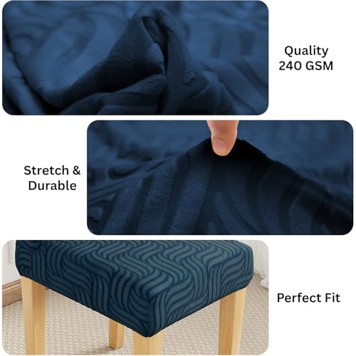 Image of Lukzer Elastic Dining Chair Cover - 1PC Pastel Marine Blue Ripple Lines | Textured High Stretch Jacquard Seat Cover | Removable Washable Short Dining Chair Cover Protector Seat Slipcover | (CC-166-01)
