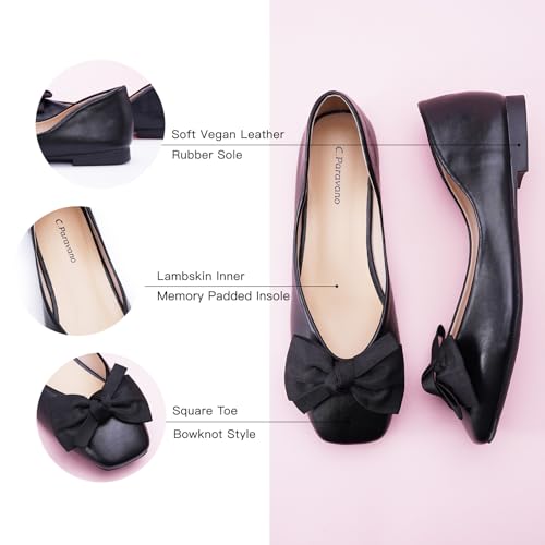Image of C.Paravano Flats for Women | Ballet Flats | Square Toe | Dressy Casual Shoe | Ballerina Flats, Bow Slip-On, Lambskin Leather Insole, Memory Foam, Low Heel, Office Work,Fashion & Classic & Chic