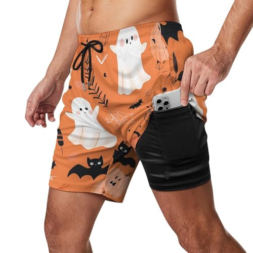 Ghosts Pumpkins Spider Halloween Men's Swim Trunks with Compression Liner Beach Shorts with Pockets Quick Dry2