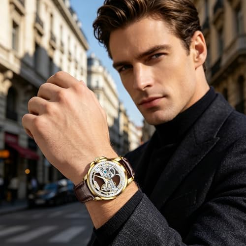 Image of OLEVS Skeleton Watches for Men Automatic Self Winding Mechanical Luxury Dress Leather Waterproof Luminous Men Wrist Watch