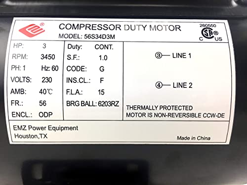 3 Hp 3450 Rpm Single Phase 56 Frame 230V 15 Amp 5/8" Shaft Nema Compressor Motor #TOP4