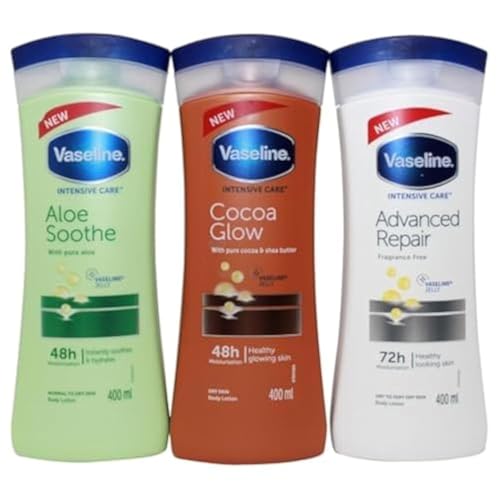 Vaseline Lotion Intensive Care 13.5 Ounce Variety Pack Advanced Repair Unscented, Aloe Soothe, Cocoa Glow,, 13.5 Fl Oz (Pack of 3)
