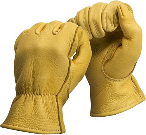 MEN`S FULL GRAIN TAN DEERSKIN LEATHER GLOVES UN-LINED (American Fur) (Large)