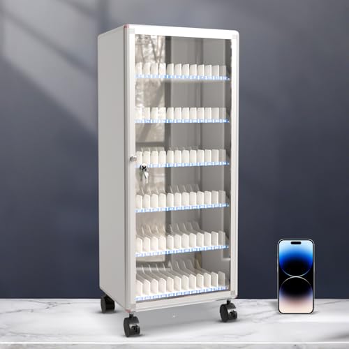 JEHUJD 72 Slots Cell Phone Locker Box Cabinet, Mobile Lockers Phone Storage Cabinet with 360° Wheels, Aluminum Alloy Phones Storage Box with Handle for Office,Classroom