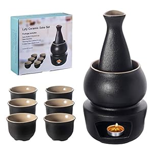 Lyty Sake-set mokken met warmere, keramische warme ski-drankenset, 7 stuks bevat 1 fornuis, 1 warmteschaal, 1 sake-fles, 4 kopjes.