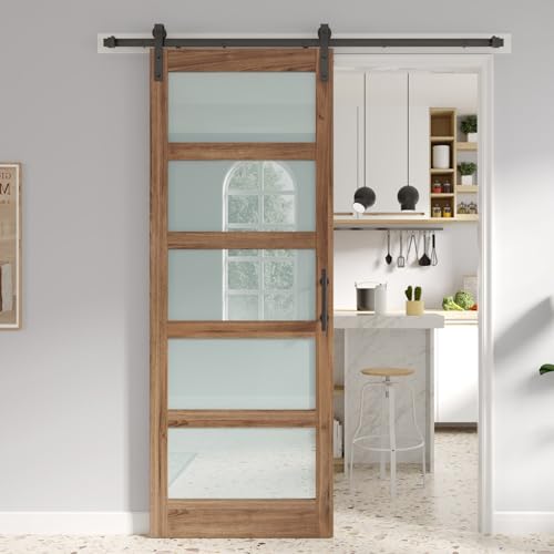 Image of FREDBECK 36in x 96in Glass Barn Door Glass Door with 6.6FT Barn Door Hardware Kit & Handle Included,5-Panel Frosted Glass, Water-Proof Surface,Pre-Drilled Holes,Need Assembly
