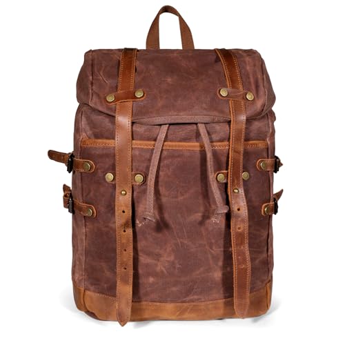 Waxed Canvas Leather Hiking Travel Waterproof Backpack for College Weekend Travel Fit 15in laptops
