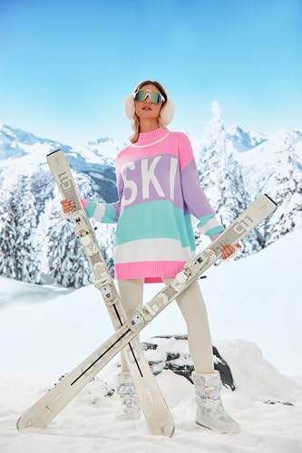 Image of Yousify Womens Sweaters Fall 2025 Oversized Color Block Ski Sweater Crewneck Winter Tops S-2XL
