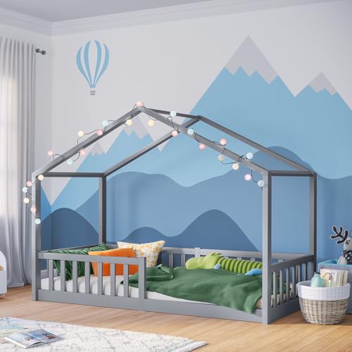 Bellabino Bia Kinderbett 90x200 cm, Bodenbett, Hellgrau, mit Rausfallschutz