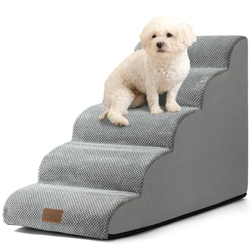 COZY KISS Dog Stairs for High Bed 22.6\" H, Small Pet Steps with Leakproof Cover, High Density Foam Cat Ramp for Bed, Car or Couch, Lightweight, Durable, Comfort, 15.7x33x22.6 inch, 5 Tiers, Grey