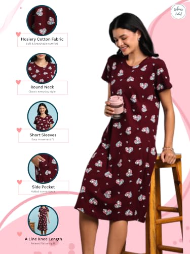 Image of 9shines Label Hosiery Cotton Knee Length Short Night Dress | Short Nighty for Women with Pocket | Graphic Print Nightwear | Night Gown for Women (M-7XL)