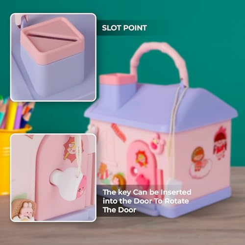 Image of Cute Toy House Money Coin Box with 3D Sticker Metal Piggy Bank with Secure Lock & Keys for Kids, House Shaped Money Saving Coin Collection Box for Girls (Pack of 1, Multicolour) (Design-3)