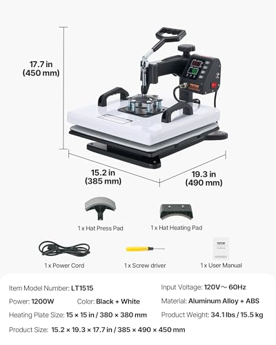 Image of VEVOR Heat Press Machine, 15 x 15 in, 2-in-1 Multifunction, 360 Swing Away, 1200W Double Tube Fast and Even Heating, Digital Precise Control, Sublimation Press Machine for T-Shirts, Hats, Caps