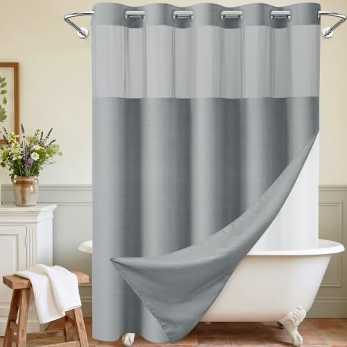 WONICY Hook-Free Shower Curtain with Snap-in Liner, Grey, 71 x 74 Inch