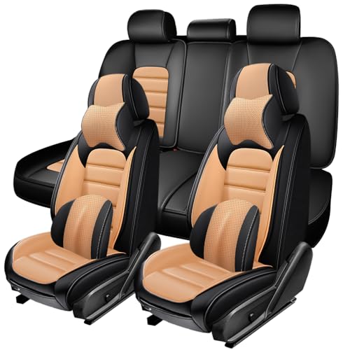 Image of 5 Seat Covers for Hyundai Santa Fe XL 2001-2024,Premium Nappa Leather Car Seat Covers Car Seat Cushions,Waterproof Soft Seat Covers for Cars,Interior Accessories with Airbag(Luxury-Black&Orange)