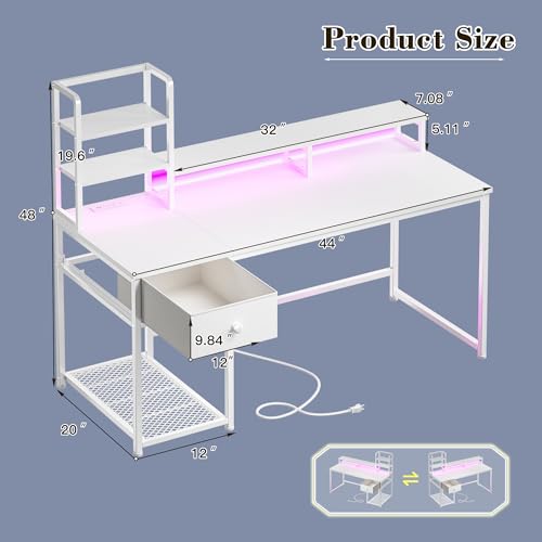 Image of EnHomee 44 inch Small White Gaming Desk with Hutch & Shelves for Teen Gamer | Dual Monitor Stand for Posture, Built-in Power Strip, Music-sync RGB Lights, Sturdy Steel Frame, Fabric Drawer, Easy Assembly