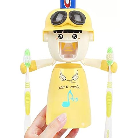 Rain House Toothbrush Holder with Automatic Dispenser, Wall-Mounted Tin Toothpaste Holder for Kids, Yellow (1 Set, 1 Piece, 0.3 kg) Cover