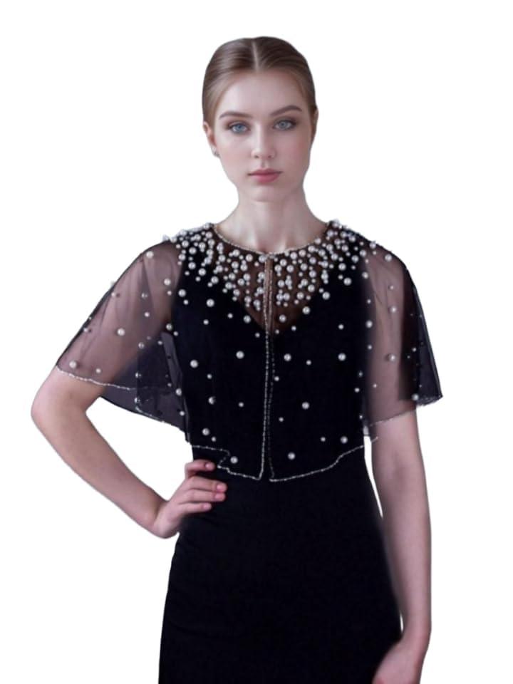 zarinivas Black Pearl Embellished Net Cape for Women Open Front Cape Shrug with Short Sleeves-picture-23