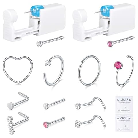 DJCIW 14PCS Nose Piercing Kit,Disposable Safe Sterile Piercing Kit For Self At Home Nose Piercing Gun, Nose Piercing Kit with Silver Nose Rings and Stud Tool with Extra 10pcs Nose Rings Cover