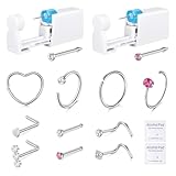 DJCIW 14PCS Nose Piercing Kit,Disposable Safe Sterile Piercing Kit For Self At Home Nose Piercing Gun, Nose Piercing Kit with Silver Nose Rings and Stud Tool with Extra 10pcs Nose Rings