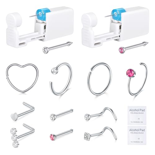 DJCIW 14PCS Nose Piercing Kit Disposable Safe Sterile Piercing Kit For Self At Home Nose Piercing Gun Nose Piercing Kit with Silver Nose Rings and Stud Tool with Extra 10pcs Nose Rings