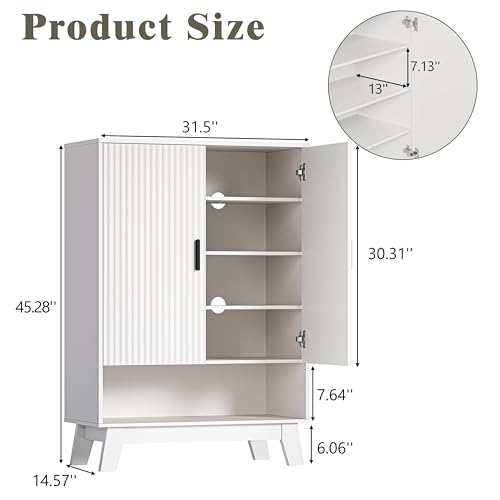 Image of Shoe Cabinet Storage for Entryway with Doors, 5 Tier Fluted Shoe Organizer with Adjustable Shelves, Entryway Shoe Storage with Wooden Legs, Freestanding Hidden Shoe Rack for Front Door Entrance, White