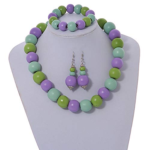 Collar, pulsera y pendientes de madera morada y verde para un look boho chic alegre 3