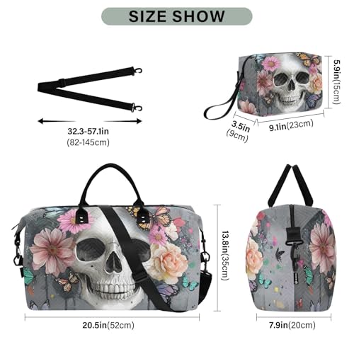 Skull Colorful Floral Travel Duffel Bag Gym Bag Sports Tote Bag with Multiple Interior Pockets Shoulder Weekender Bag for Women Men with Toiletry Bag 20.5”x 7.9”x 13.8”3