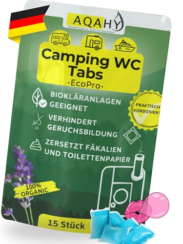 AQAHY Bio Camping Toiletten Zusatz - WC Drops - Chemietoilette Tabs entfernt unangenehme Gerüche - made in DE (eco pro - bublegum - 15Tabs)
