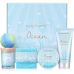 Set de Baño Mujer, Body & Earth Caja de Rgalo Mujer 5 Piezas Fragancia de Océano Incluye Vela Perfumada, Manteca Corporal, Crema de Manos, Sal de Baño Cestas Regalo Mujer Ideal para Hogar Spa Navidad