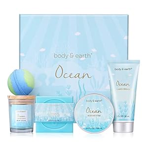 Gifts for Women, Bath and Body Gift Set for Women with 5 Pcs Ocean Scented Spa Gifts for Women, Bath Sets Includes Scented Candle, Body Butter, Hand Cream, Bath Bomb, Easter Gifts for Women