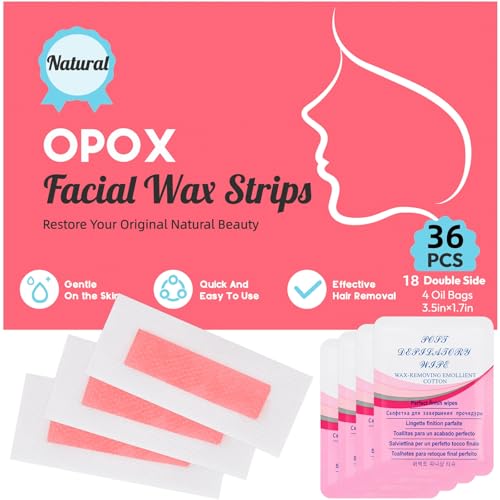 OPOX 36PCS Facial Wax Strips for Hair Removal-36ct Waxing Strips & 4 calming Oil Wipes