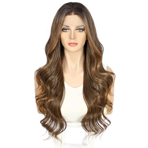 Sapphirewigs Highlight Lace Front Wig Dark Brown 13x4 Synthetic Body Wave Synthetic Lace Front Wigs Ombre Brown Party Date Daily Wear Christmas Natural Looking 26 inch - Image 2