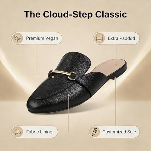 Image of MUSSHOE Gold Buckle Mules for Women - Comfortable Memory Foam Loafers, Classy Slip On Flats for Office Business Casual, Dressy Pointed Toe Shoes