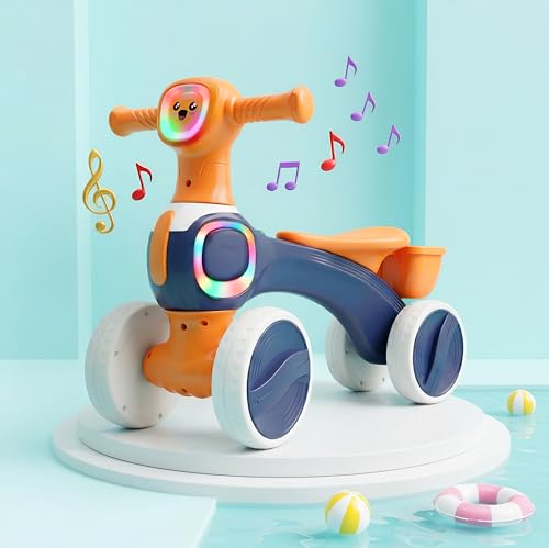 Image of Kidsmate Tiny Glide Baby Push Ride On Toy with Music & Lights | Storage Basket, 4-Wheel Stable Design for Balance, Coordination & Active Growth | Perfect Toddler Mini Bike for 1-4 Yrs - Blue Orange