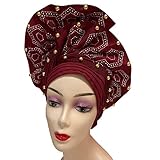 Nigerian Luxury Aso Oke Headtie, African Headtie Women Headbands Head Wrap Turban Cap Auto Gele Headties Femme Headscarf Headgear Sewing Fabric For Party (Burgundy)