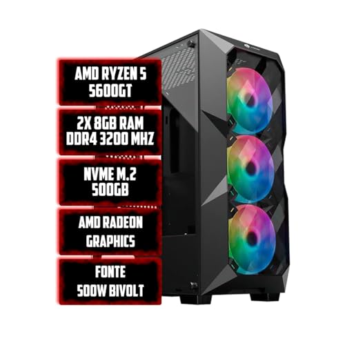 PC Gamer Montado com AMD Ryzen 5 5600GT, 16GB RAM DDR4 3200 MHz, NVME M.2 500GB, AMD Radeon Graphics, Fonte 500W Bivolt, Gabinete com 3 Fans RGB