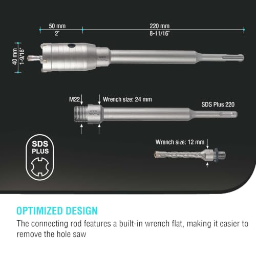 Image of BINOTA 40 mm (1-9 /16 inch) Concrete Hole Saw with SDS-Plus Shank | Tungsten carbide drill bit; SDS-Plus shank (220 mm); Cross-type center drill; Dry drilling for concrete /brick /stone /masonry