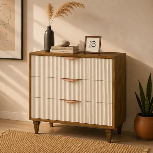 Image of Solid Wood Rodondo Chest of Drawers | Drawer Chest with 3 Drawers | Wooden Drawer Storage Cabinet | Finish- Premium Off White and Light Brown