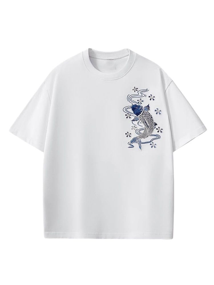 T-shirt girocollo in cotone da uomo con ricamo cinese allentato manica corta casual top