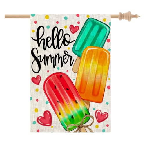 CROWNED BEAUTY Summer House Flag Popsicles Double Sided 28x40 Inches Large Burlap Welcome Seasonal Welcome Yard Decoration for Outside Porch CF1813-40