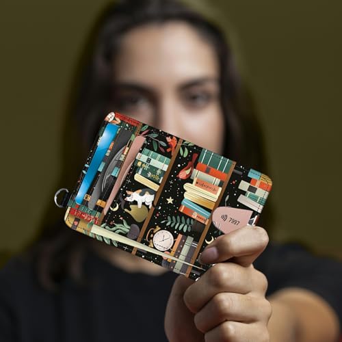 Image of Small Travel Wallets, Cats Library Slim Minimalist Front Pocket Wallet with Wristlet, RFID Blocking PU Leather Credit Card Holder with ID Window Change Purse for Men Women