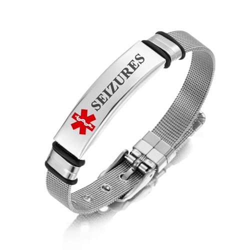 TOWAMOE Medical Alert Bracelet for Women Men Medical Emergency Id bracelet Stainless Steel Personalized Free Engrave Adjustable 6.5-8.5 IN(SEIZURES)