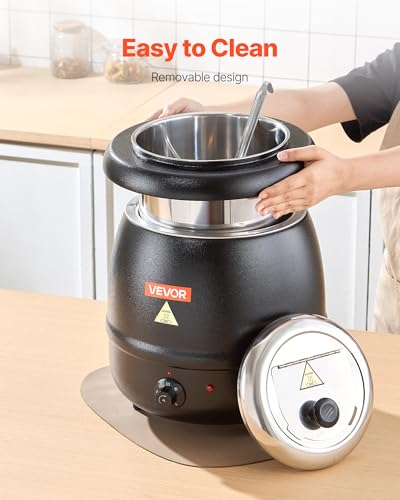 Image of VEVOR Electric Soup Warmer, 10QT Commercial Soup Kettle with 304 Stainless Steel Detachable Insert Pot, 95~176F Adjustable Temperature, Soup Station for Restaurant and Big Family, Black