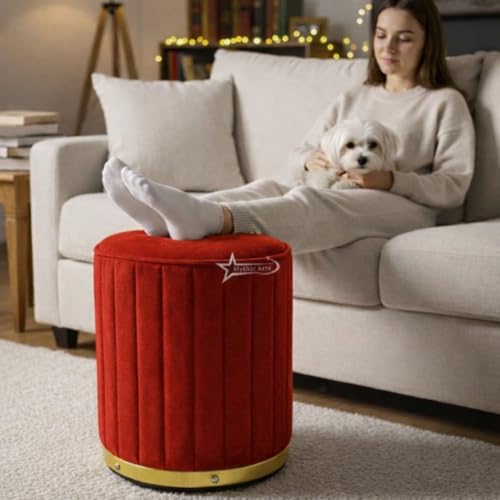 Image of Upholstered Round Linen Strip Stool Living Room Foot Rest Office Stool Pouf Ottoman Padded Seat - RED
