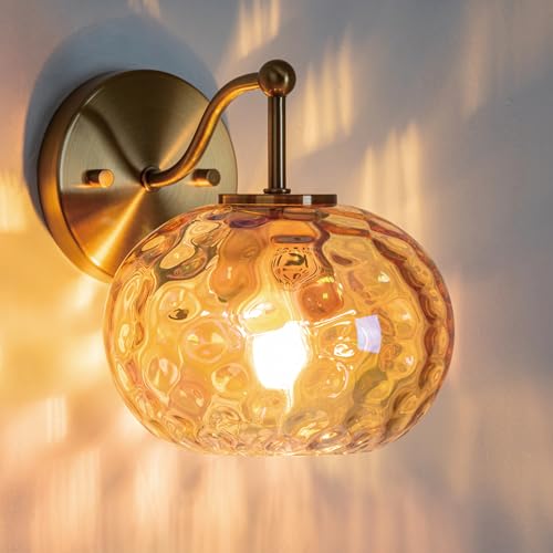 Image of Gold Wall Sconce Light Amber Hammered Glass Vanity Lighting Brushed Brass Champagne Wall Lamp for Bathroom Over Mirror