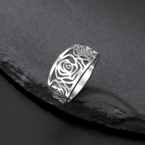 TEAMER Rose Flower Ring Stainless Steel Geometric Hollow Rose Flower Ring True Love Wedding Band Jewelry for Women4