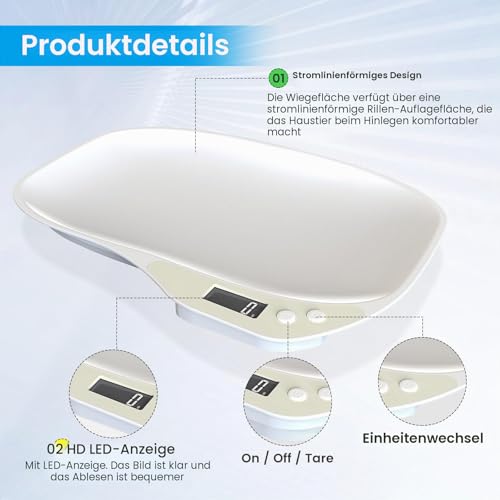 Tierwaage für Kleine Tiere, Kleine Digitalwaage Haustierwaage, Hundewaage 15Kg (±1gram), LCD Digitale Katzenwaage mit 4 Wiegemodi (kg/oz/lb/ml), für Kleinen Katzen, Hunden, Küche, Futter – Produktbild 3